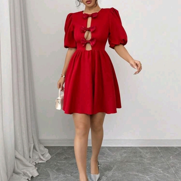 Elegant Round Neck Puff Sleeve Bow Tie Hollow Out Midi Peplum Dress - Picture 1 of 4